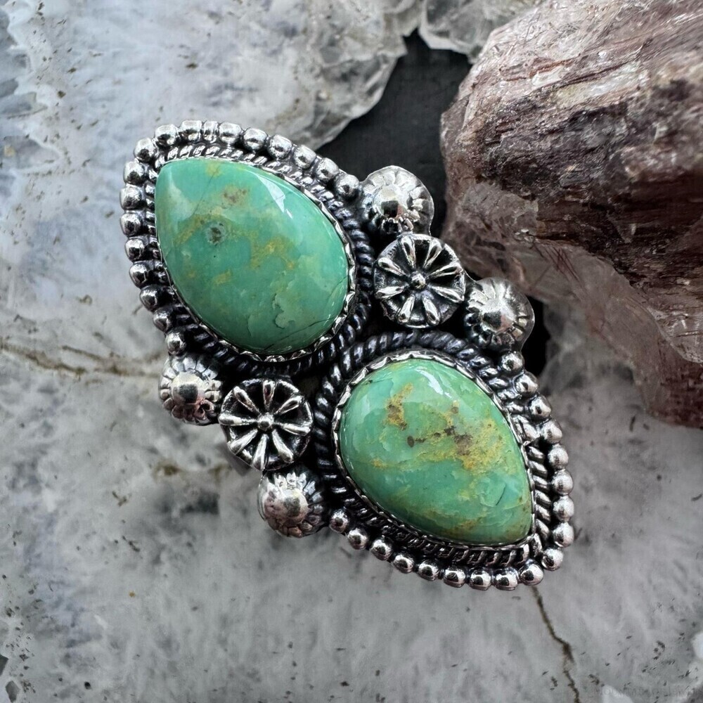 Sterling Southwestern Style Teardrop Green Turquoise Decorated Adjustable Ring